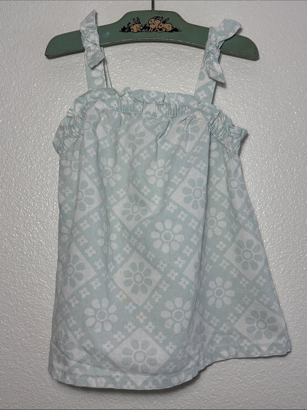 Little Co Organic Cotton/Linen Blend Retro Style Print Tank Top Size 7 Lt Blue